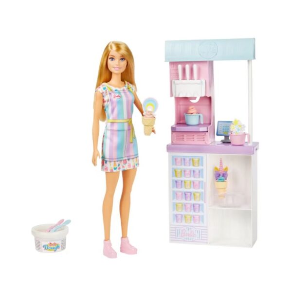 Barbie Ice Cream Shopkeeper Playset featuring Barbie with ice cream cones, a shop counter, and colorful accessories