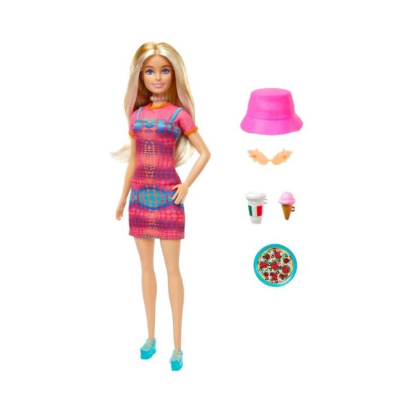 Barbie Italy Travel Doll dressed in a stylish outfit, holding a map, with iconic Italian landmarks in the background