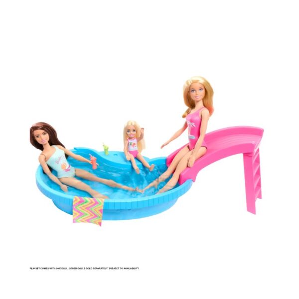 A vibrant Barbie pool scene featuring a refreshed doll enjoying a sunny day by the water, surrounded by colorful accessories