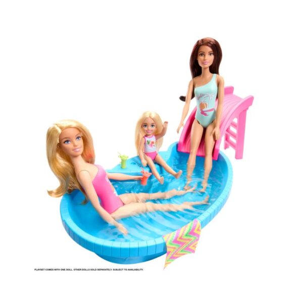 A vibrant Barbie pool scene featuring a refreshed doll enjoying a sunny day by the water, surrounded by colorful accessories