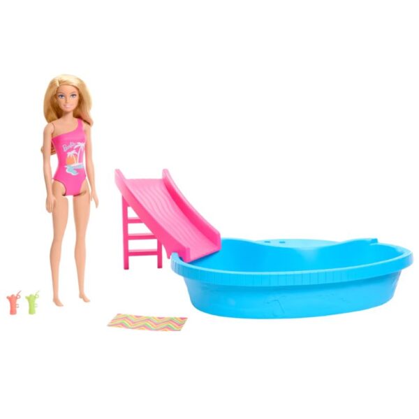 A vibrant Barbie pool scene featuring a refreshed doll enjoying a sunny day by the water, surrounded by colorful accessories
