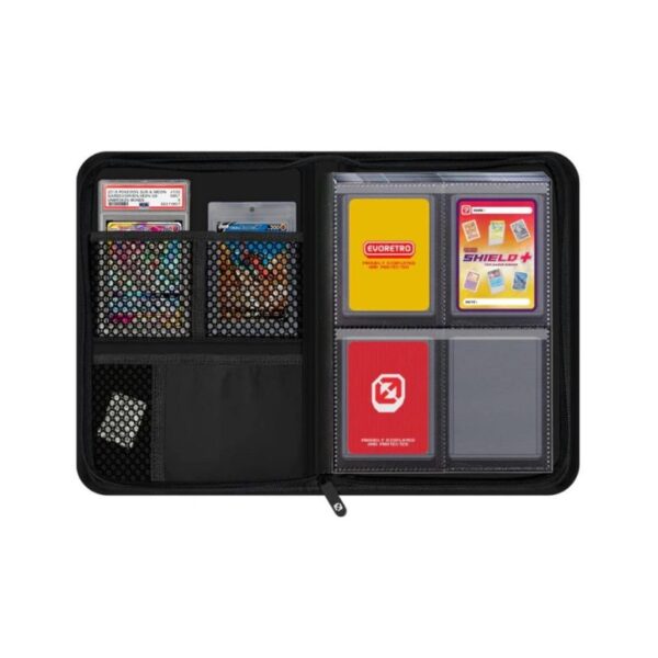 Black Evoreto Shield+ Compact binder designed to hold 96 topload cards securely and neatly for easy access and organization.