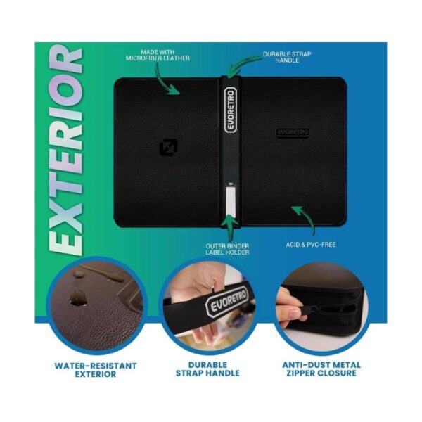 Black Evoreto Shield+ Compact binder designed to hold 96 topload cards securely and neatly for easy access and organization.