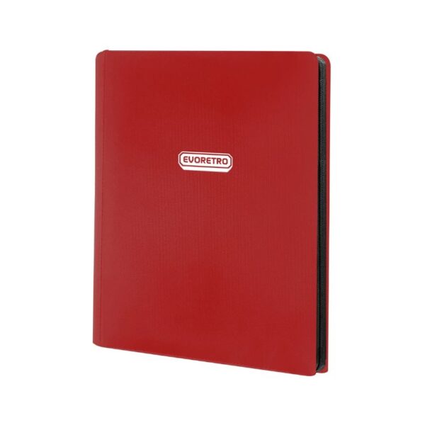 Red Evoretro Regular Card Binder with zipper, designed for secure storage and organization of trading cards