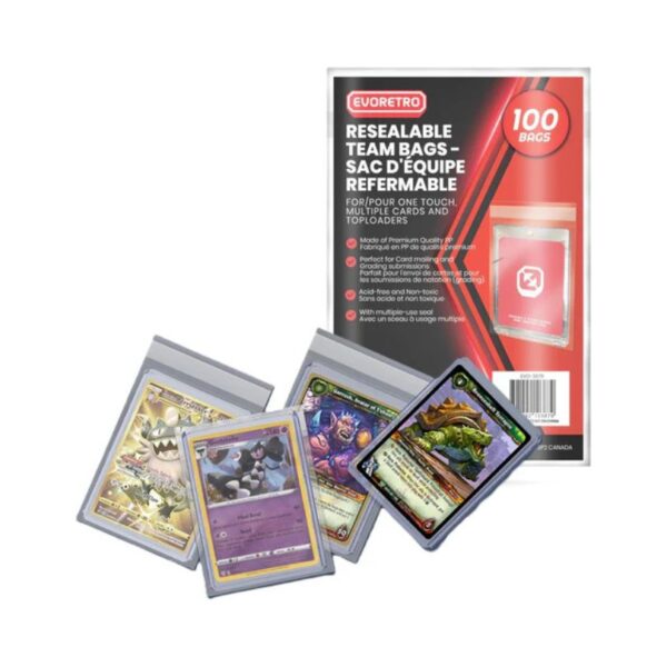 A pack of 100 resealable sleeves for team bags, designed for protecting and organizing collectibles