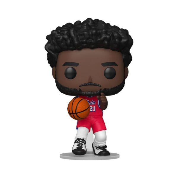 Funko Pop! figure of NBA 76ers player Joel Embiid, featuring his signature jersey and a playful expression.