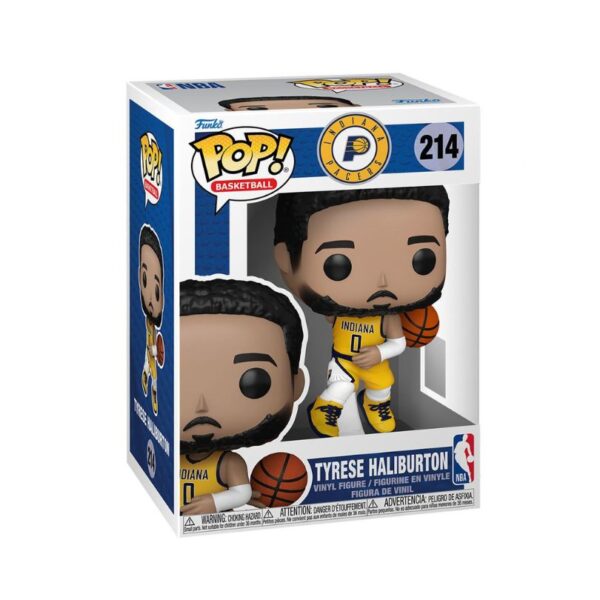 Funko Pop! figure of NBA player Tyrese Haliburton in Pacers uniform, featuring his signature hairstyle and a basketball.