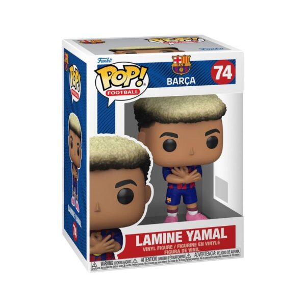 Funko Pop! figure of Barcelona football player Lamine Yamal, featuring his team uniform and distinctive hairstyle