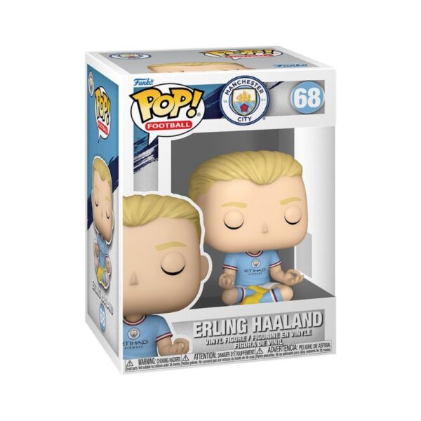 Funko Pop! figure of Manchester City footballer Erling Haaland, featuring his signature blue kit and a cheerful expression