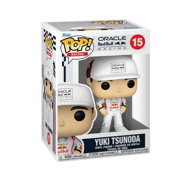 Funko Pop! figure of Yuki Tsunoda in a racing suit, wearing a cap, representing Formula 1 racing