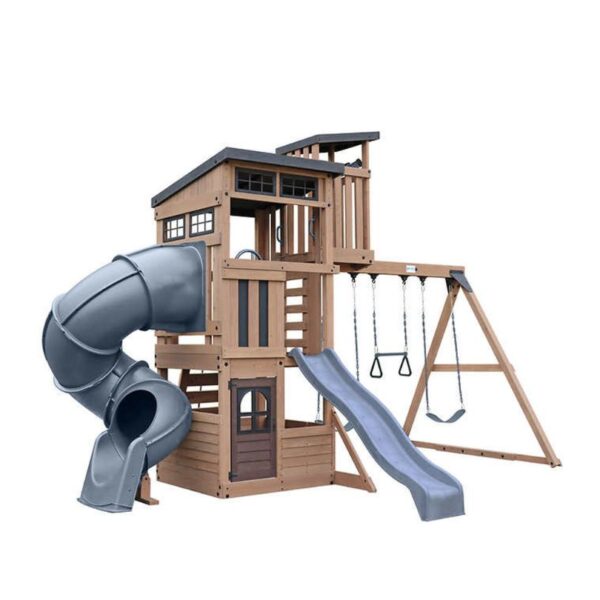 Outdoor playset featuring a Gorilla Skyline Lookout design, complete with slides, climbing structures, and swings for children.