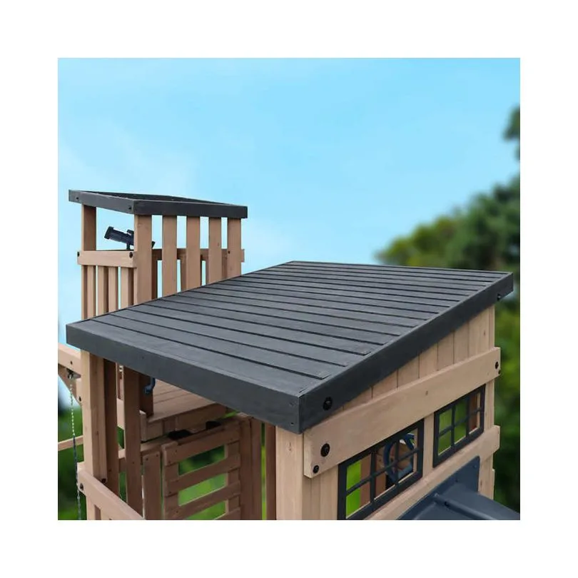 Outdoor playset featuring a Gorilla Skyline Lookout design, complete with slides, climbing structures, and swings for children.