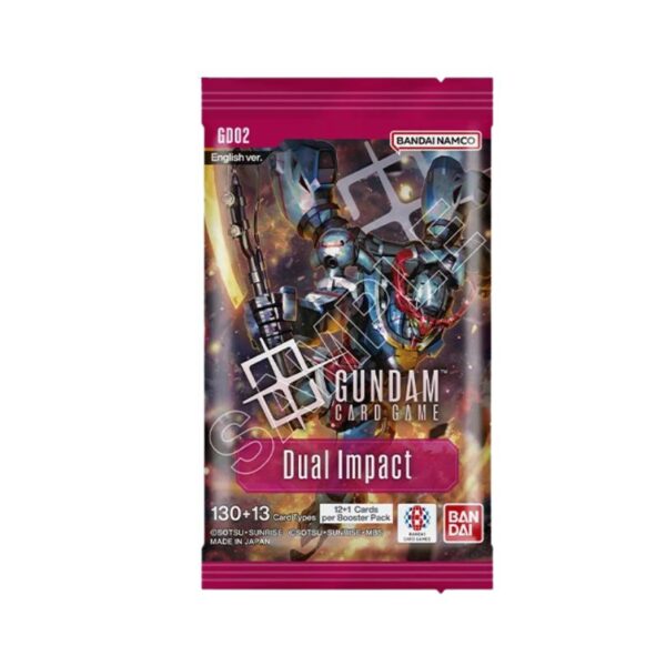 Gundam Card Game English: Dual Impact Booster Box featuring vibrant artwork and game details on the packaging