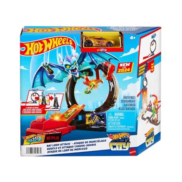 Hot Wheels City scene featuring a Bat vehicle confronting a tire shop, showcasing vibrant colors and dynamic action