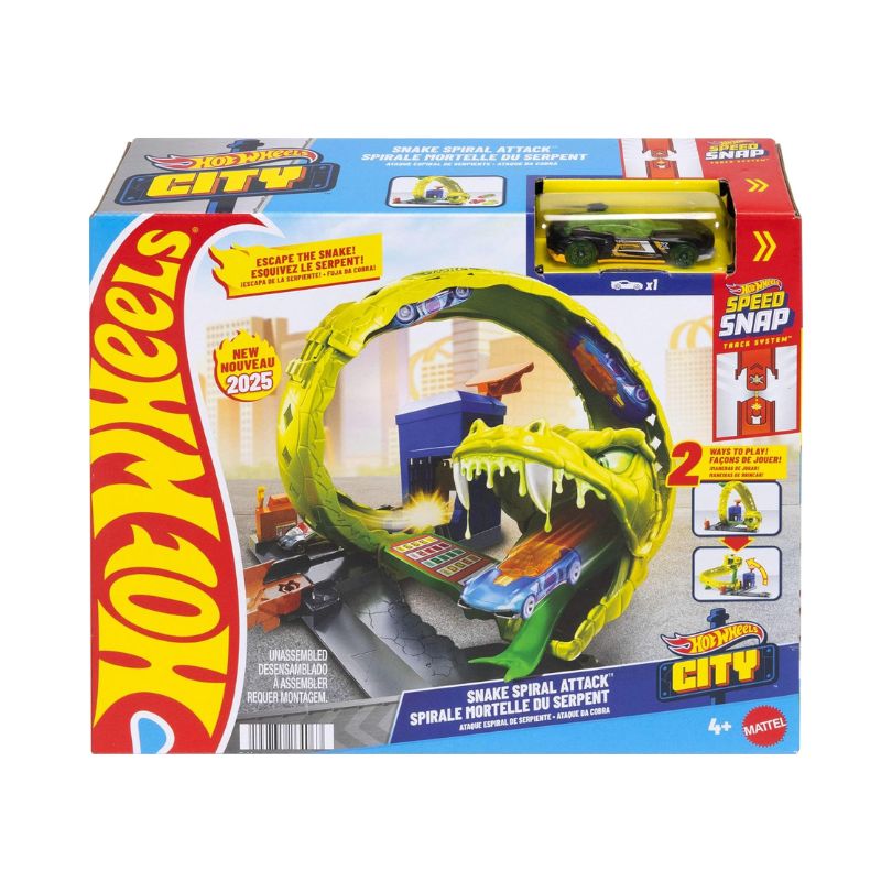 Hot Wheels City Nemesis Snake Strike Attack - JBM63 A colorful Hot Wheels track featuring a snake-themed obstacle, with cars racing through loops and ramps in a city setting