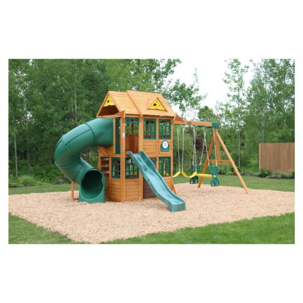 A wooden play fort with multiple levels, slides, and climbing features, designed for children's outdoor play and adventure