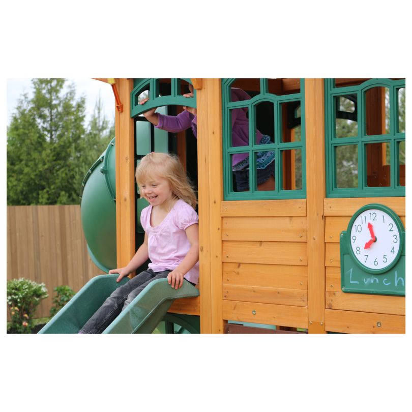 Kidkraft Charleston Lodge Fort – F24935-4 A wooden play fort with multiple levels, slides, and climbing features, designed for children's outdoor play and adventure