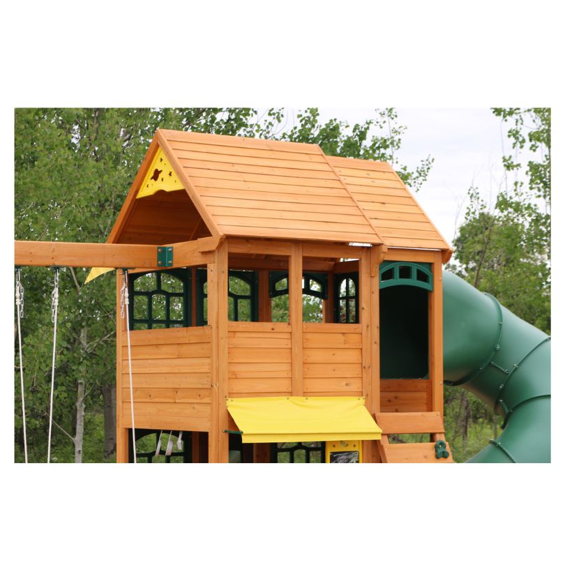 Kidkraft Charleston Lodge Fort – F24935-7 A wooden play fort with multiple levels, slides, and climbing features, designed for children's outdoor play and adventure