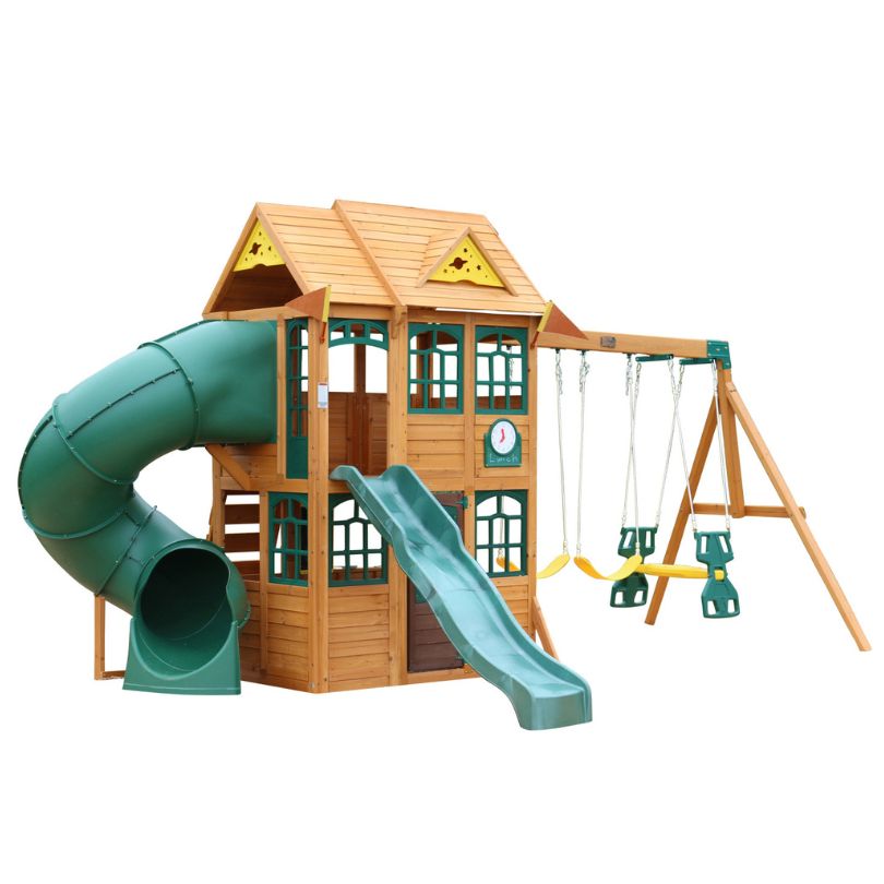Kidkraft Charleston Lodge Fort - F24935 A wooden play fort with multiple levels, slides, and climbing features, designed for children's outdoor play and adventure