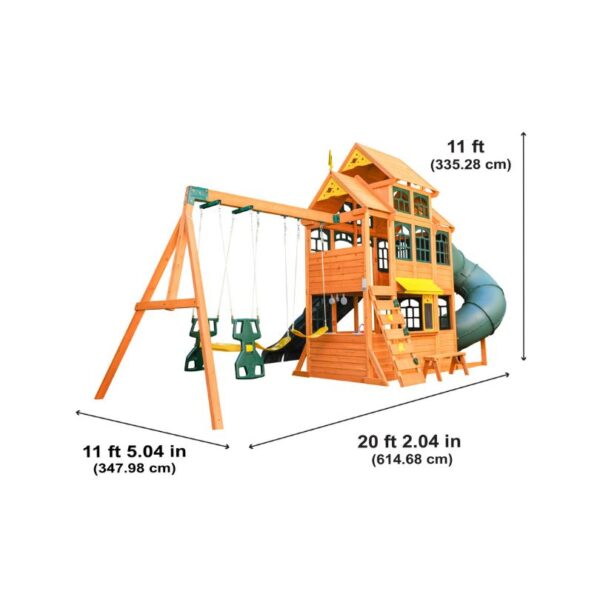 KidKraft Falcon Ridge Swing Set featuring swings, a slide, and climbing features in a backyard setting for children's play