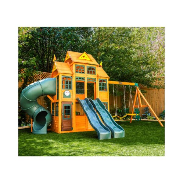 KidKraft Falcon Ridge Swing Set featuring swings, a slide, and climbing features in a backyard setting for children's play