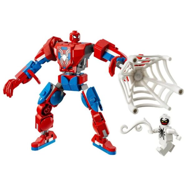 LEGO set 76308 features Spider-Man in a mech battling Anti-Venom, showcasing vibrant colors and dynamic action poses