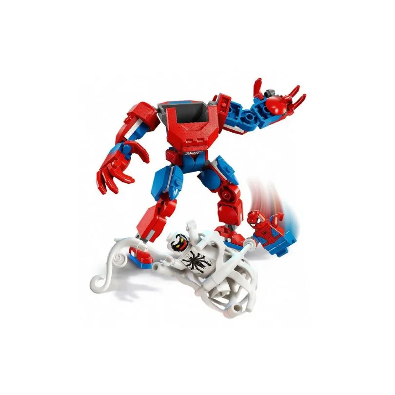 LEGO set 76308 features Spider-Man in a mech battling Anti-Venom, showcasing vibrant colors and dynamic action poses