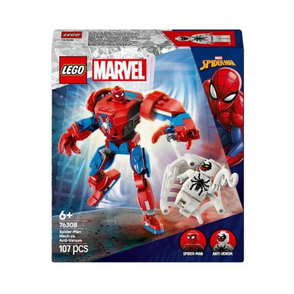 LEGO set 76308 features Spider-Man in a mech battling Anti-Venom, showcasing vibrant colors and dynamic action poses
