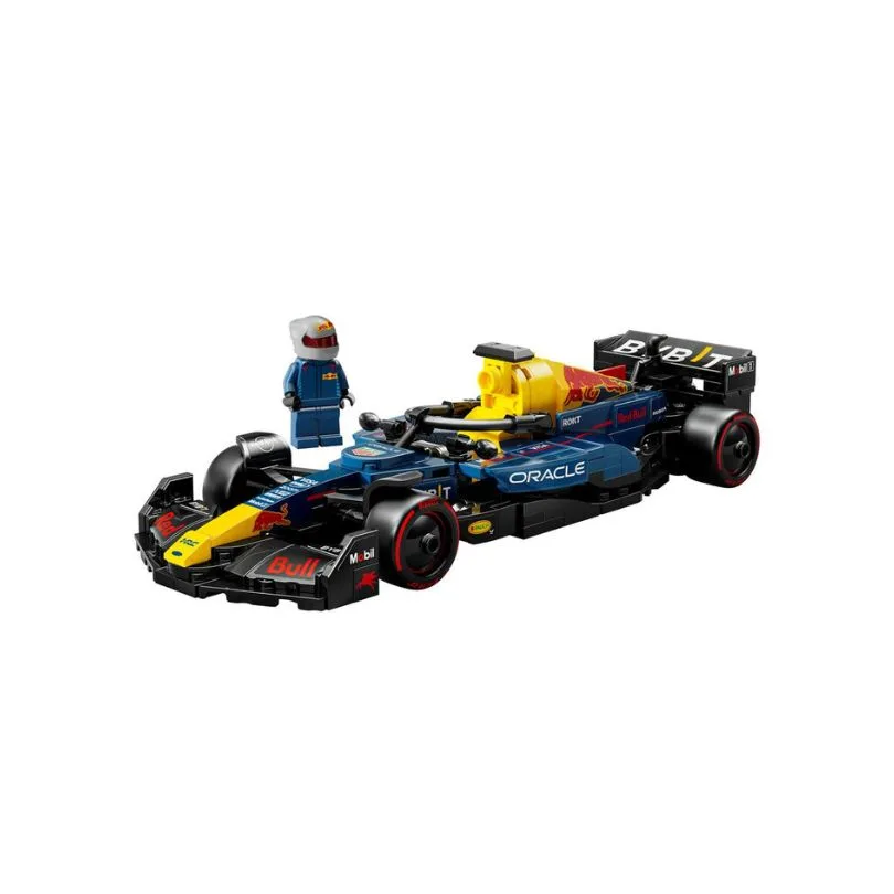 LEGO 77243 set featuring the Oracle Red Bull Racing RB20 V29 model car in vibrant colors and detailed design