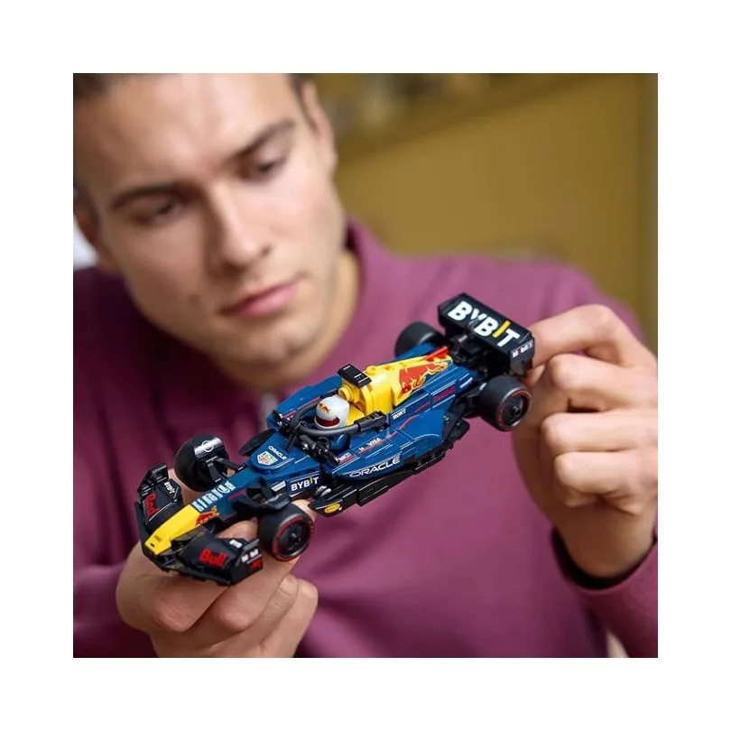 LEGO 77243 set featuring the Oracle Red Bull Racing RB20 V29 model car in vibrant colors and detailed design