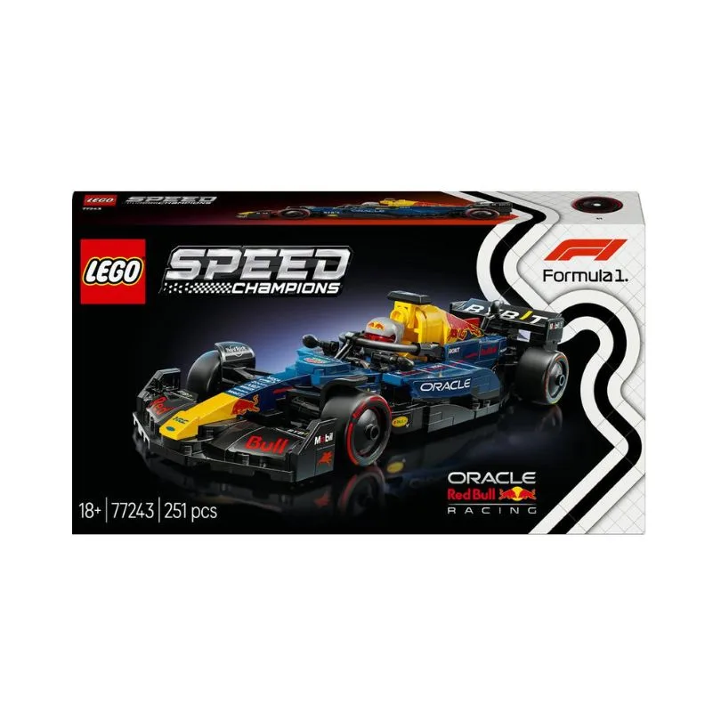 LEGO 77243 set featuring the Oracle Red Bull Racing RB20 V29 model car in vibrant colors and detailed design