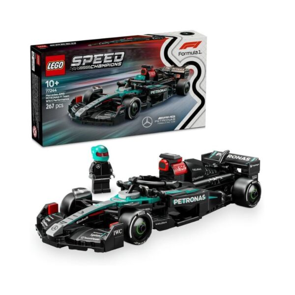 LEGO 77244 set featuring a detailed model of the Mercedes-AMG F1 W15 race car in vibrant colors