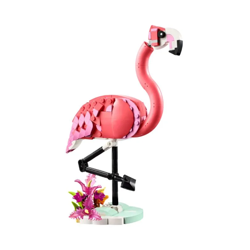 LEGO Creator 31170 set featuring a pink flamingo among tropical plants, showcasing a vibrant 3-in-1 wild animal design.