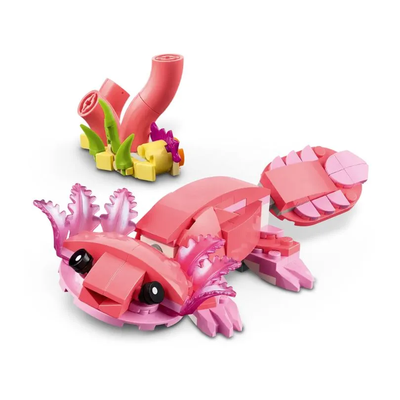 LEGO Creator 31170 set featuring a pink flamingo among tropical plants, showcasing a vibrant 3-in-1 wild animal design.
