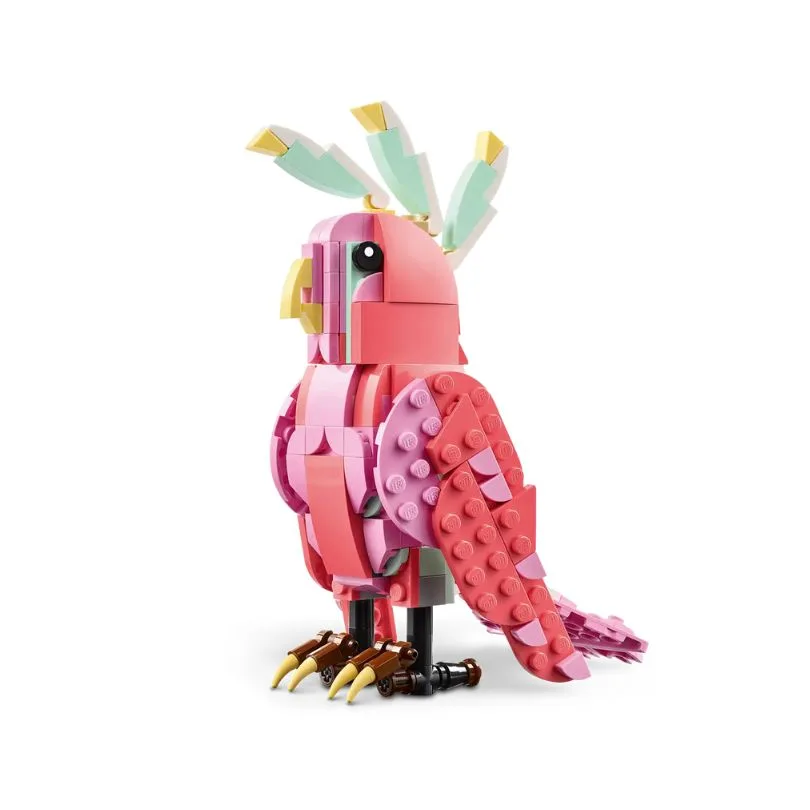LEGO Creator 31170 set featuring a pink flamingo among tropical plants, showcasing a vibrant 3-in-1 wild animal design.