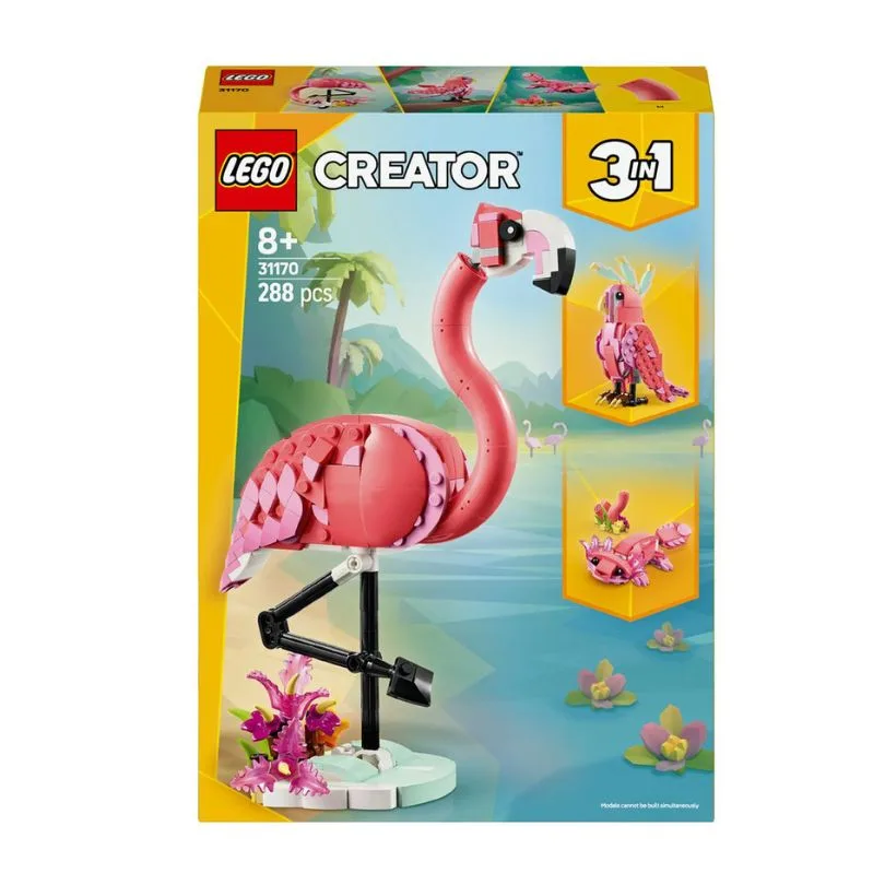 LEGO Creator 31170 set featuring a pink flamingo among tropical plants, showcasing a vibrant 3-in-1 wild animal design.