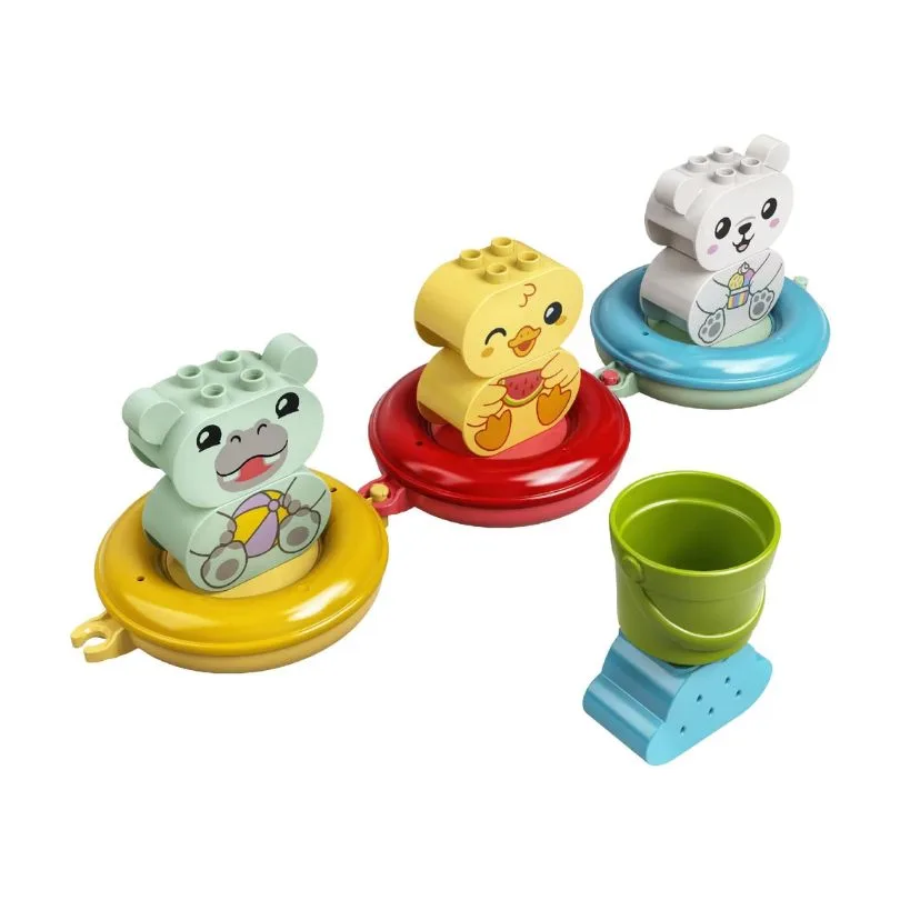 LEGO Duplo 10965 Bath Time Fun set featuring a colorful floating animal train with various animal figures for imaginative play