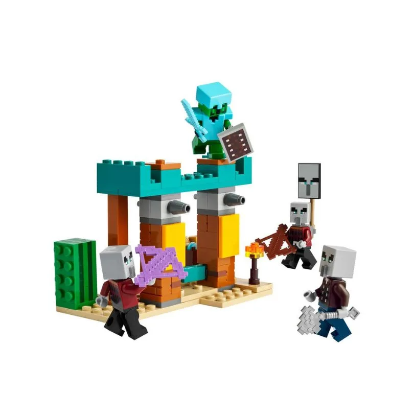 LEGO Minecraft set 21267 features Illagers and desert scenery, showcasing a battle scene with characters and accessories