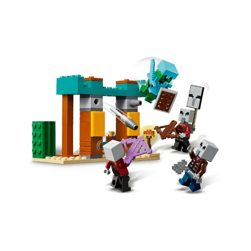 LEGO Minecraft set 21267 features Illagers and desert scenery, showcasing a battle scene with characters and accessories