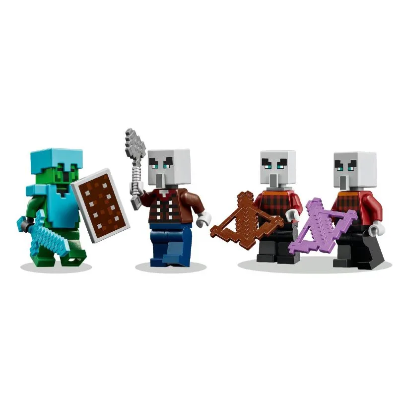 LEGO Minecraft set 21267 features Illagers and desert scenery, showcasing a battle scene with characters and accessories