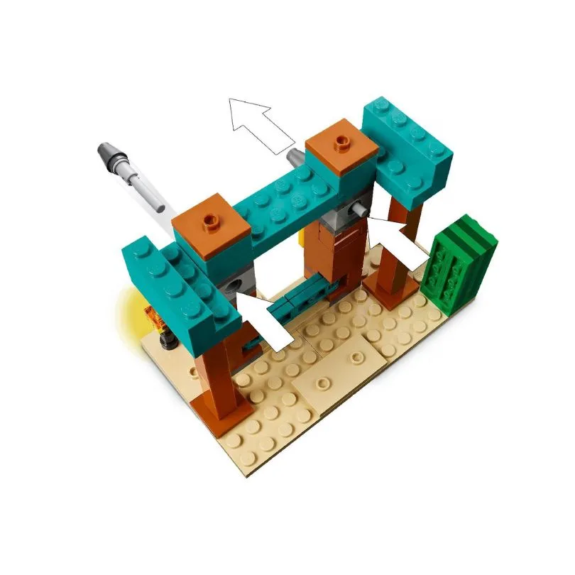 LEGO Minecraft set 21267 features Illagers and desert scenery, showcasing a battle scene with characters and accessories