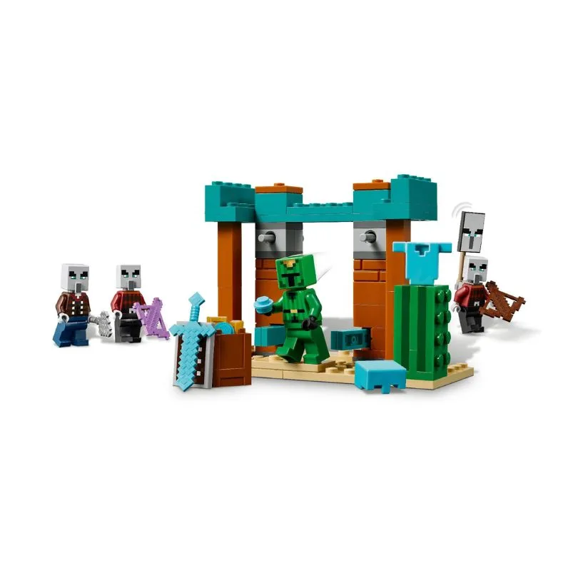 LEGO Minecraft set 21267 features Illagers and desert scenery, showcasing a battle scene with characters and accessories