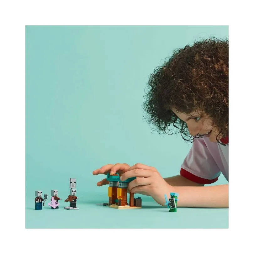 LEGO Minecraft set 21267 features Illagers and desert scenery, showcasing a battle scene with characters and accessories