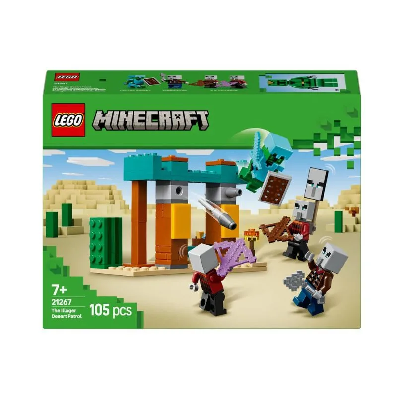 LEGO Minecraft set 21267 features Illagers and desert scenery, showcasing a battle scene with characters and accessories