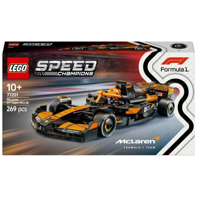 LEGO Speed Champions set featuring the McLaren F1® Team MCL38 race car in vibrant colors and detailed design