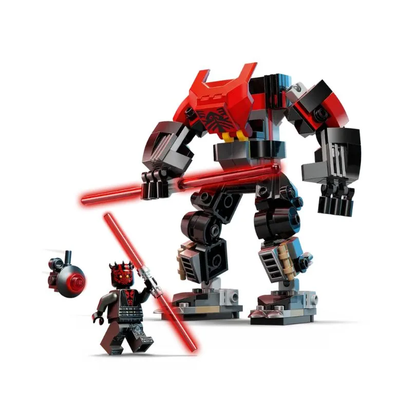 LEGO Star Wars 75411 set featuring Darth Maul in a mech suit, showcasing intricate details and vibrant colors.