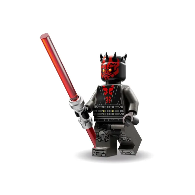 LEGO Star Wars 75411 set featuring Darth Maul in a mech suit, showcasing intricate details and vibrant colors.