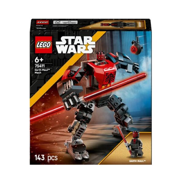 LEGO Star Wars 75411 set featuring Darth Maul in a mech suit, showcasing intricate details and vibrant colors.