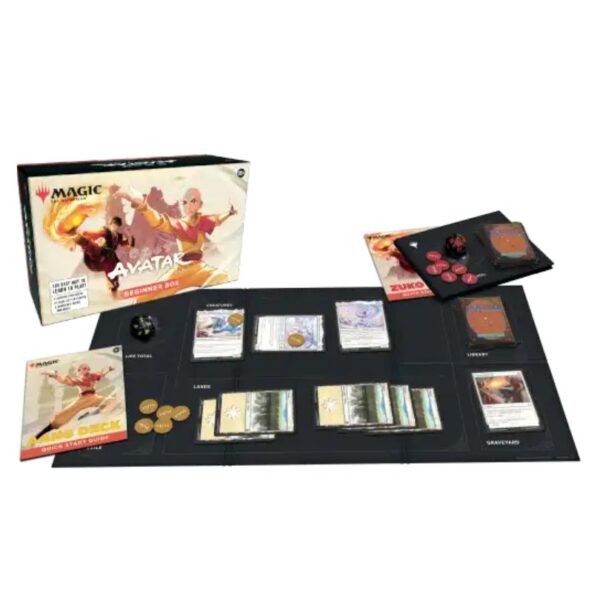 Beginner box for MTG: Avatar: The Last Airbender featuring game components and artwork from the series
