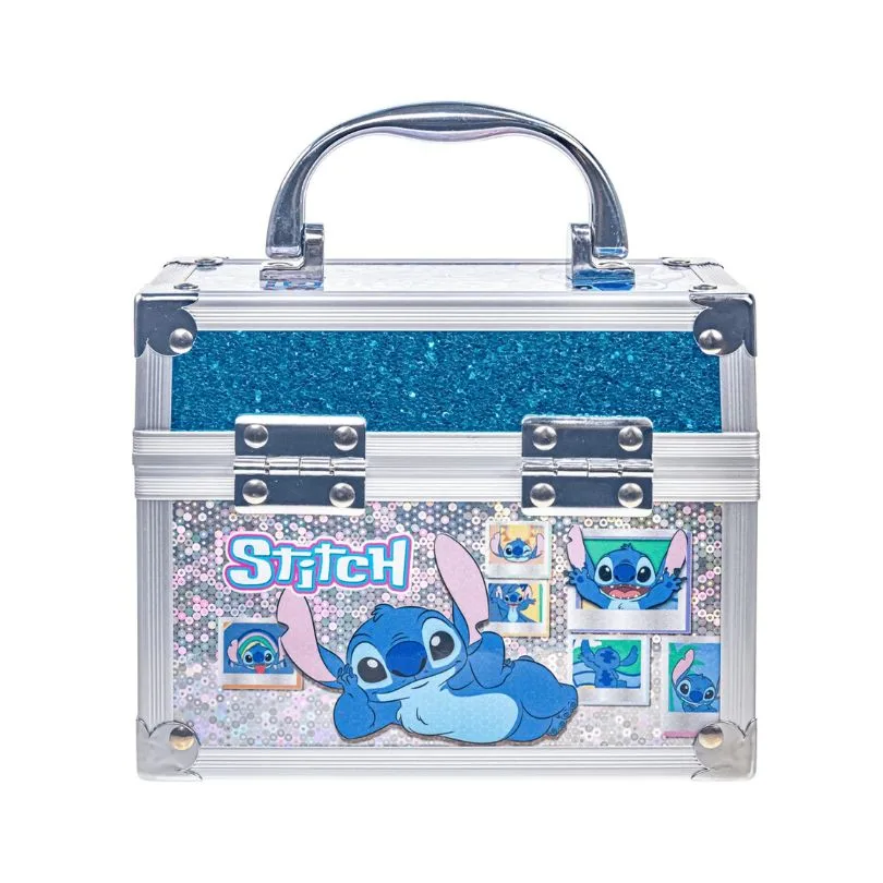 Disney Stitch-themed Townley lip balm set in a train case, featuring colorful designs and compact storage for travel